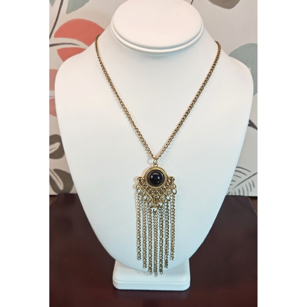Beautiful Vintage Gold Tone Opera Style Necklace w/ Waterfall Pendant 25"